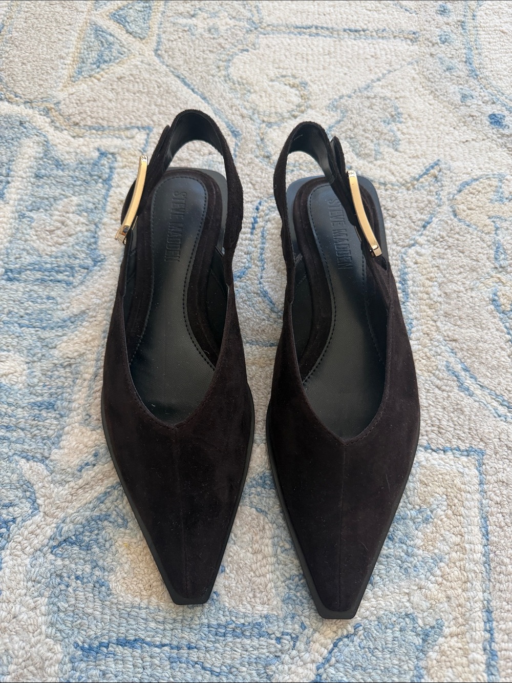 Steve Madden Brown Suede Pointed Slingback Flats with Gold Buckle